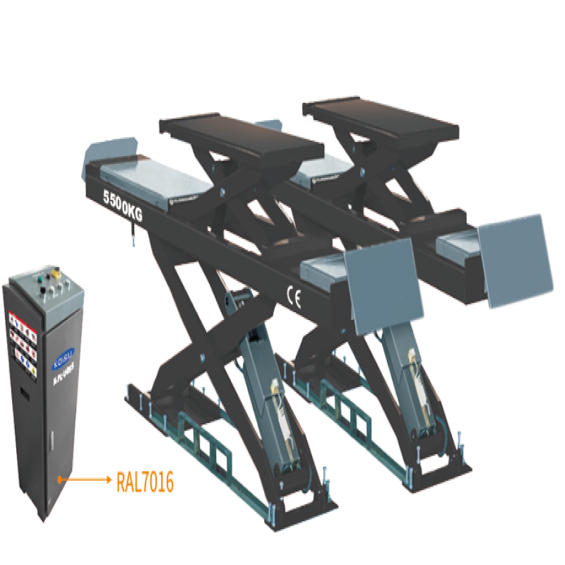 Cầu nâng cắt kéo kiểm tra góc đặt bánh xe 5.5 tấn, lắp chìm, có bàn nâng phụ (3 pha , màu xám, chưa bao gồm đĩa lái).