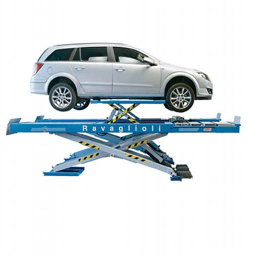 [RAVA-RAV650255ISI] Cầu nâng cắt kéo kiểm tra góc đặt bánh xe 5 tấn, lắp chìm, có bàn nâng phụ (3 pha. màu xanh)