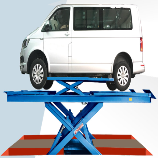 [CLEO-SL-656ED:02] Cầu nâng cắt kéo kiểm tra góc đặt bánh xe tải trọng 5.5 tấn, lắp chìm, có bàn nâng phụ, bao gồm đĩa lái (3 pha, màu xanh RAL5002)